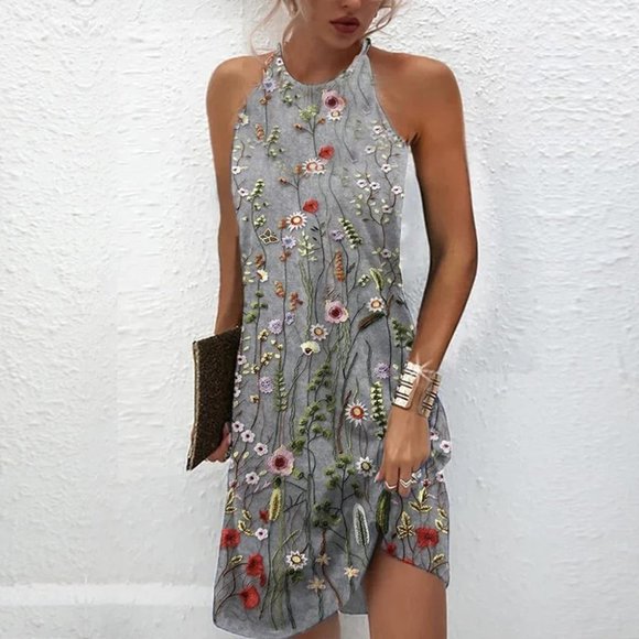 Duefe Floral Print Gray Sleeveless High Halter Sheath Mini Dress - Picture 1 of 3